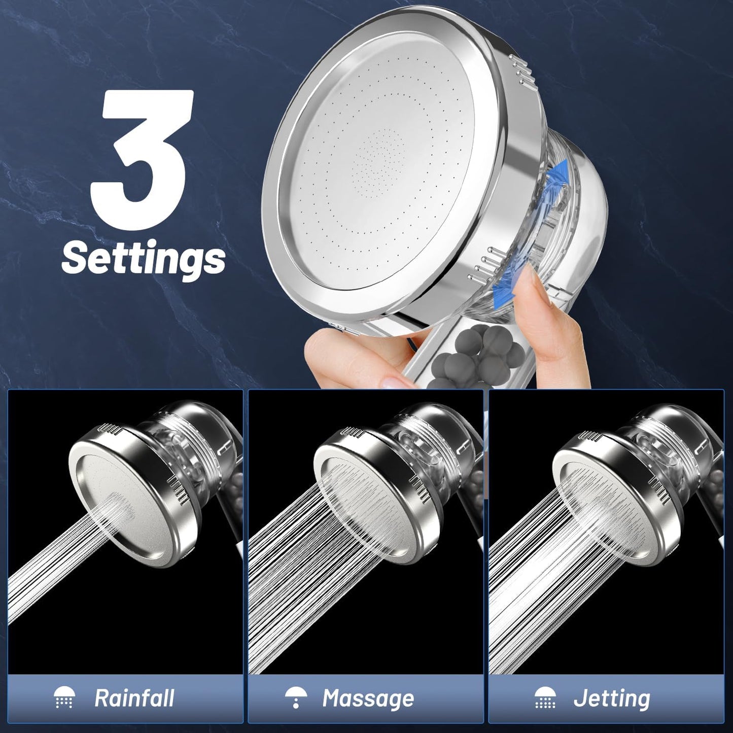 VEHHE Shower Head Powerful Flow with Beads Filter Pressure Boosting Shower Head Spray with 3 Modes Water Saving Bathing for Adults Children Pets Home and Gym Use (White)