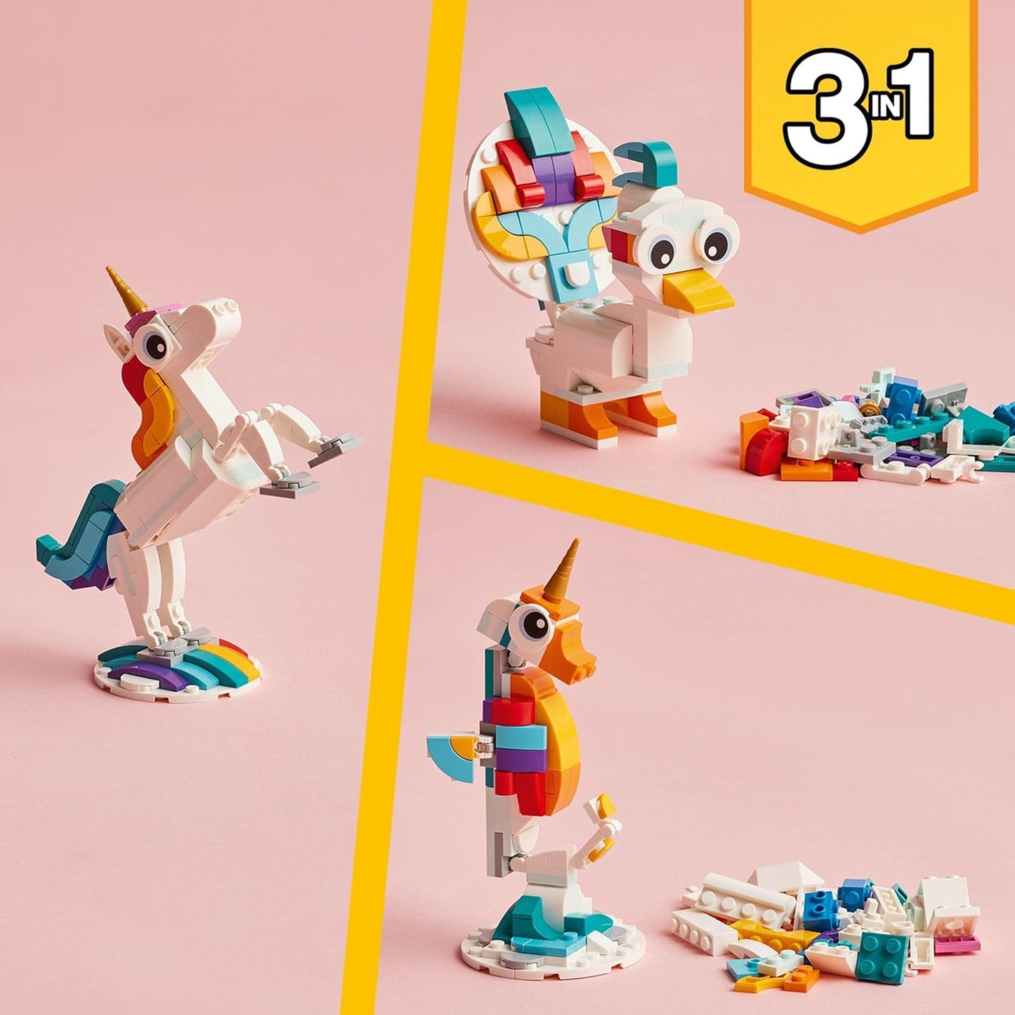 LEGO 31140 Creator 3 in 1 Magical Unicorn Toy to Seahorse to Peacock, Rainbow Animal Figures, Unicorn Gift for Girls and Boys, Buildable Toys
