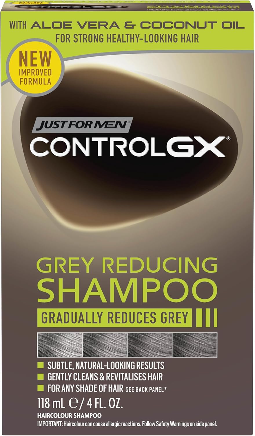 Just For Men Control GX Grey Reducing Shampoo For Grey Hair, With Coconut Oil & Aloe Vera, New Improved Formula - All Shades, 118ml, packaging may vary