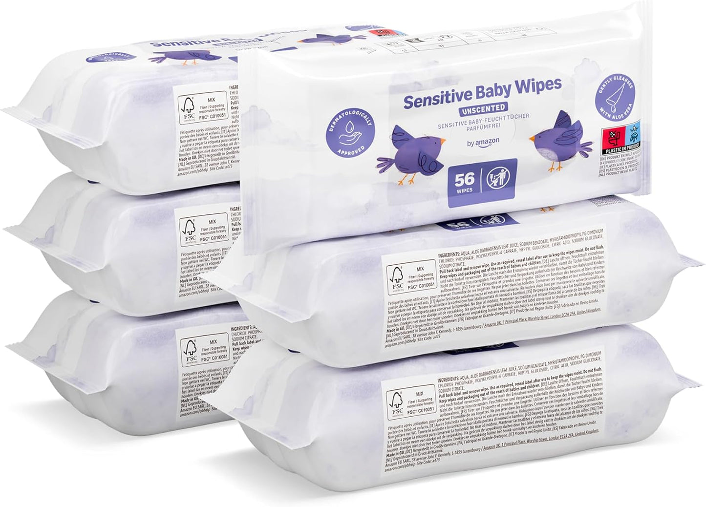 Amazon Brand – Mama Bear Sensitive Unscented Baby Wipes, 336 Count (6 Packs of 56)