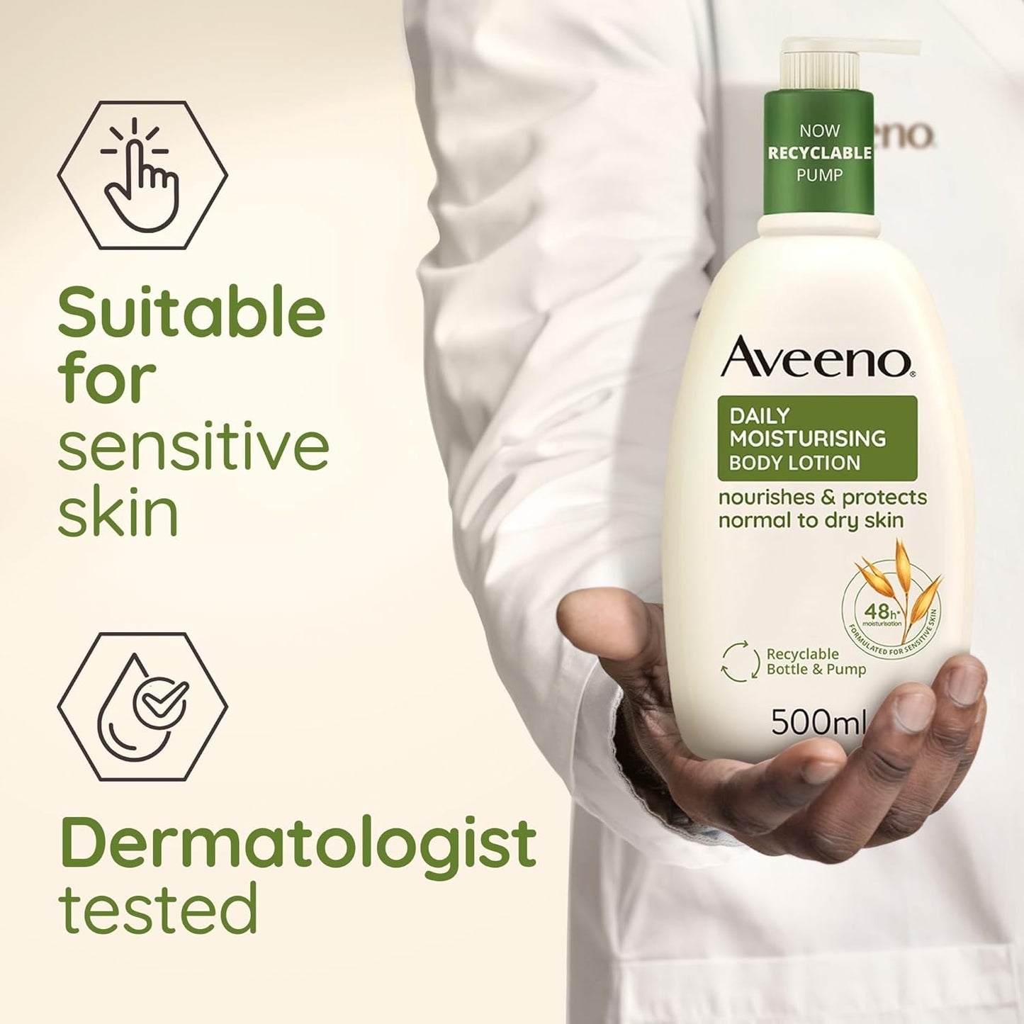Aveeno Daily Moisturising Body Lotion, With Soothing Oats & Rich Emollients, Suitable For Sensitive Skin, Nourishes and Protects Normal to Dry Skin, Fragrance Free, 500ml