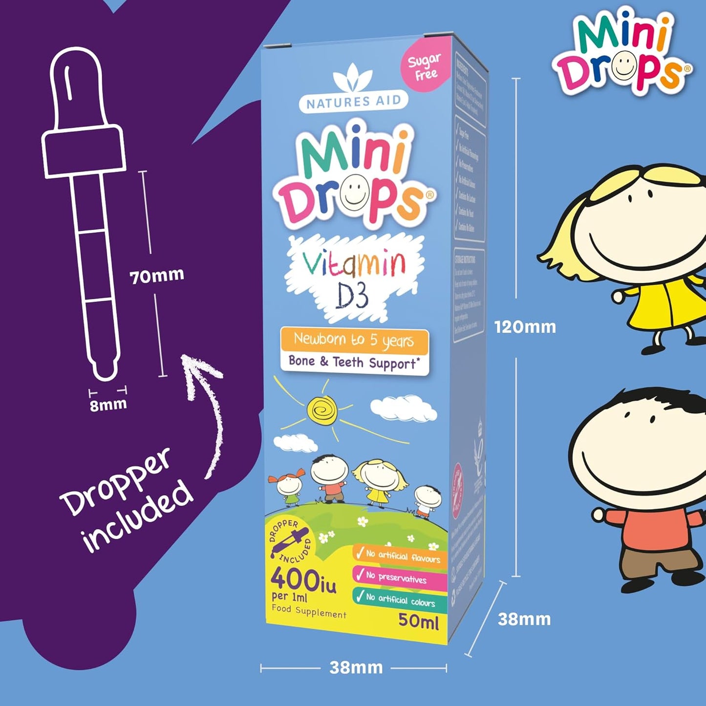 Natures Aid Mini Drops Vitamin D3 50ml for Infants & Kids - Bone, Teeth, Health & Immune System Support - Sugar Free, Vegan, Gluten-Free, Non-GMO - Growth Support for Children Age 0-5 Dropper Included