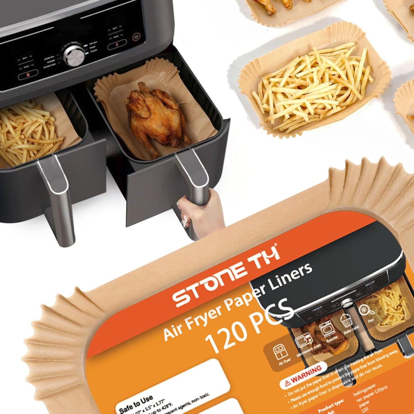 120Pcs Air Fryer Liners for Ninja Dual, Stone TH Disposable Airfryer Parchment Paper Liners Accessories Compatible with Ninja AF300UK AF400UK SL400UK AF500UK, Other Dual Zone Air Fryer