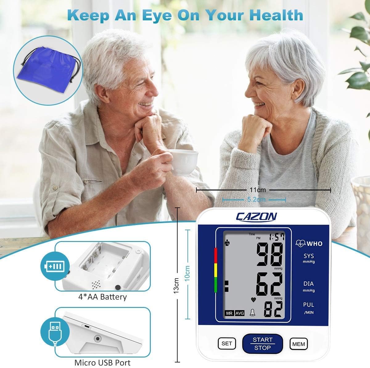 CAZON Blood Pressure Monitors Large Cuff Blood Pressure Machine Medical BP Monitor Upper Arm BP Cuff for Home Use Heart Rate Hypertension Monitor, Cuff 22-40cm LCD Display (Blue)