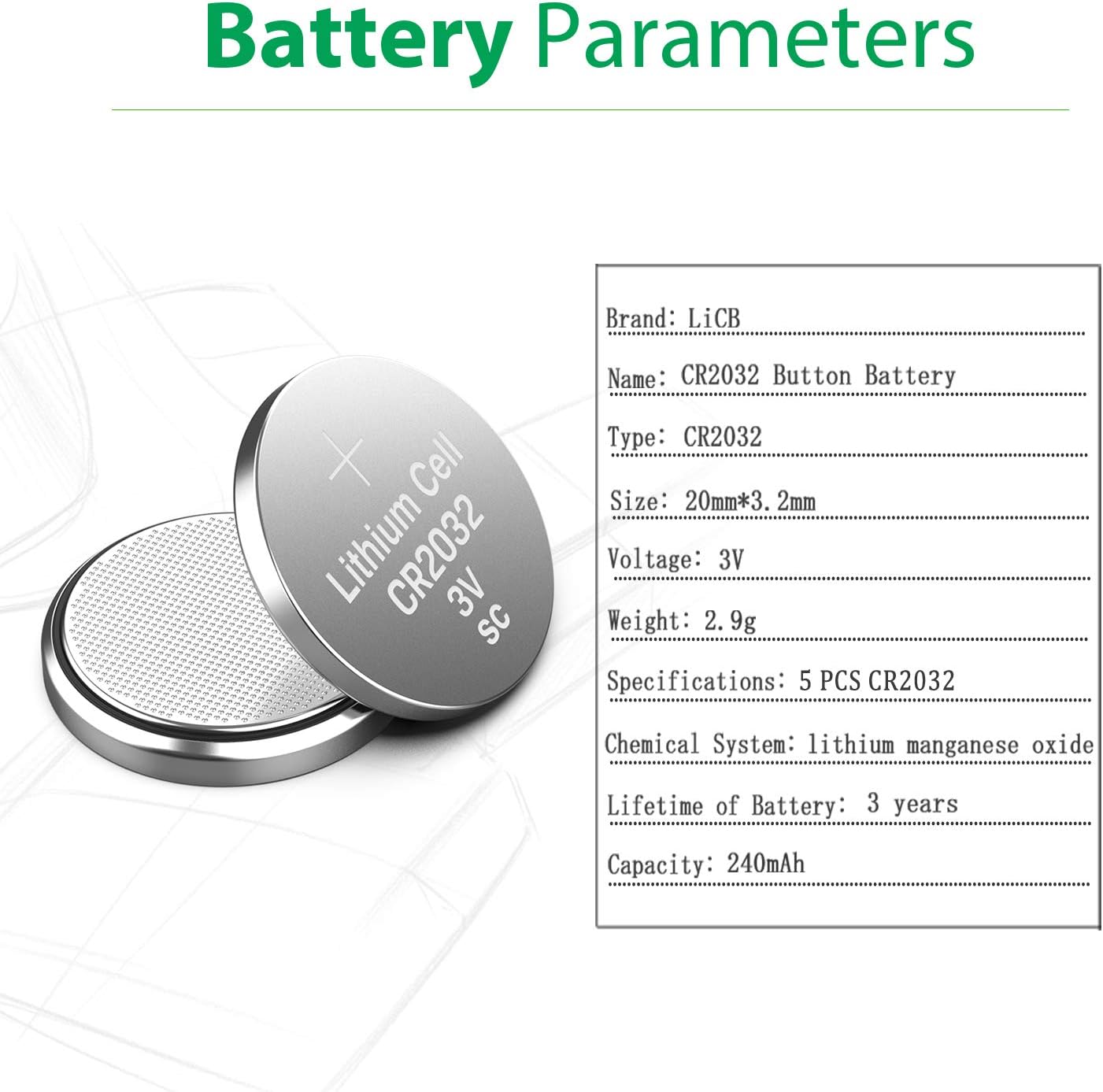 LiCB CR2032 Battery 3V Lithium 5PCS (CR 2032 / Batteries CR2032 / DL2032 / ECR2032/) for Computer motherboards,Remotes,LED lights,Glucometers,Toys,Car key,Scales.
