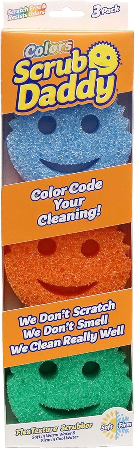Scrub Daddy Colors, Sponge Scrubber Multipack, Dish Sponges for Washing Up, Texture Changing Non Scratch Scourers, Cleaning Products for Kitchen & Bathroom, Odour Resistant, Dishwasher Safe, Pack of 3