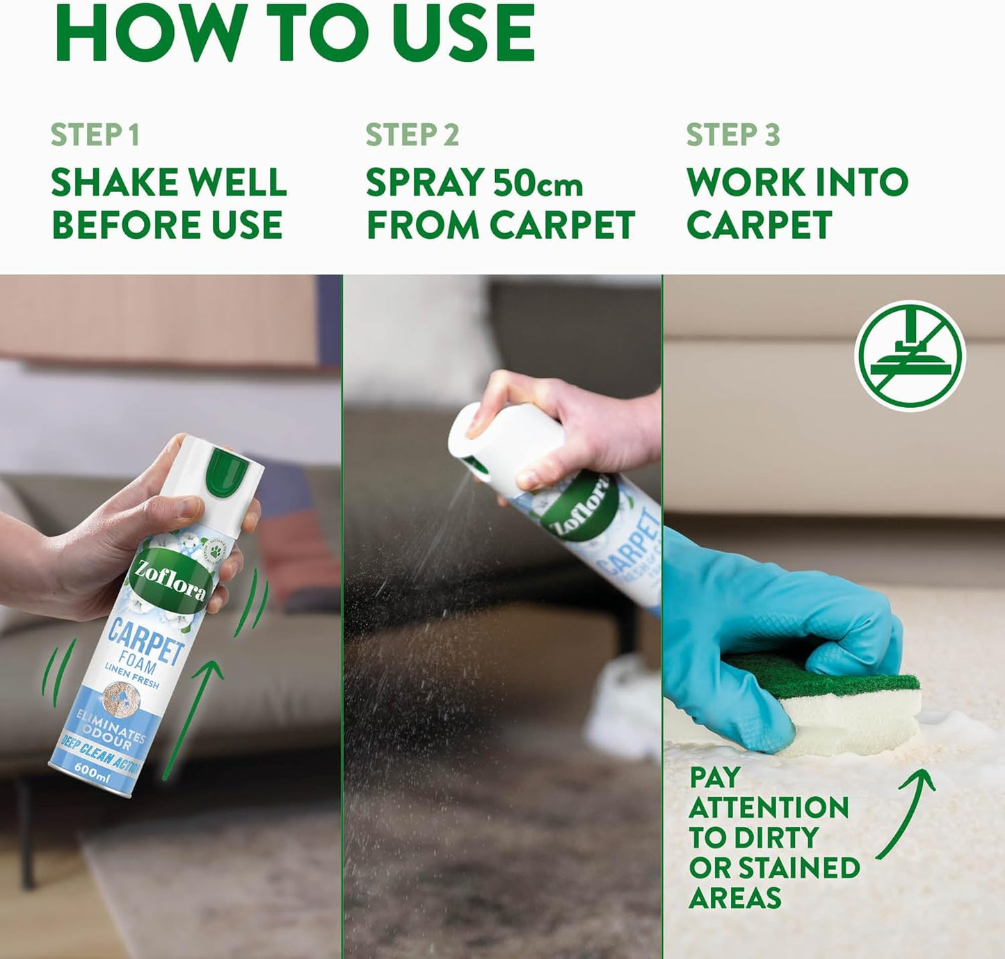 Zoflora Linen Fresh Carpet Freshener & Care Foam, Carpet Cleaner,Stain Remover Foam for Carpets and Upholstery, Neutralises Odours, Deep Cleans, Pet Safe, 1x 600 ml