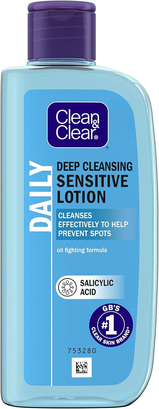 Clean & Clear Deep Cleansing Lotion for Sensitive Skin (1x 200ml), Clean and Clear Facial Cleanser with Salicylic Acid to Deeply Clean, Remove Dirt and Oil, Help Prevent Spots