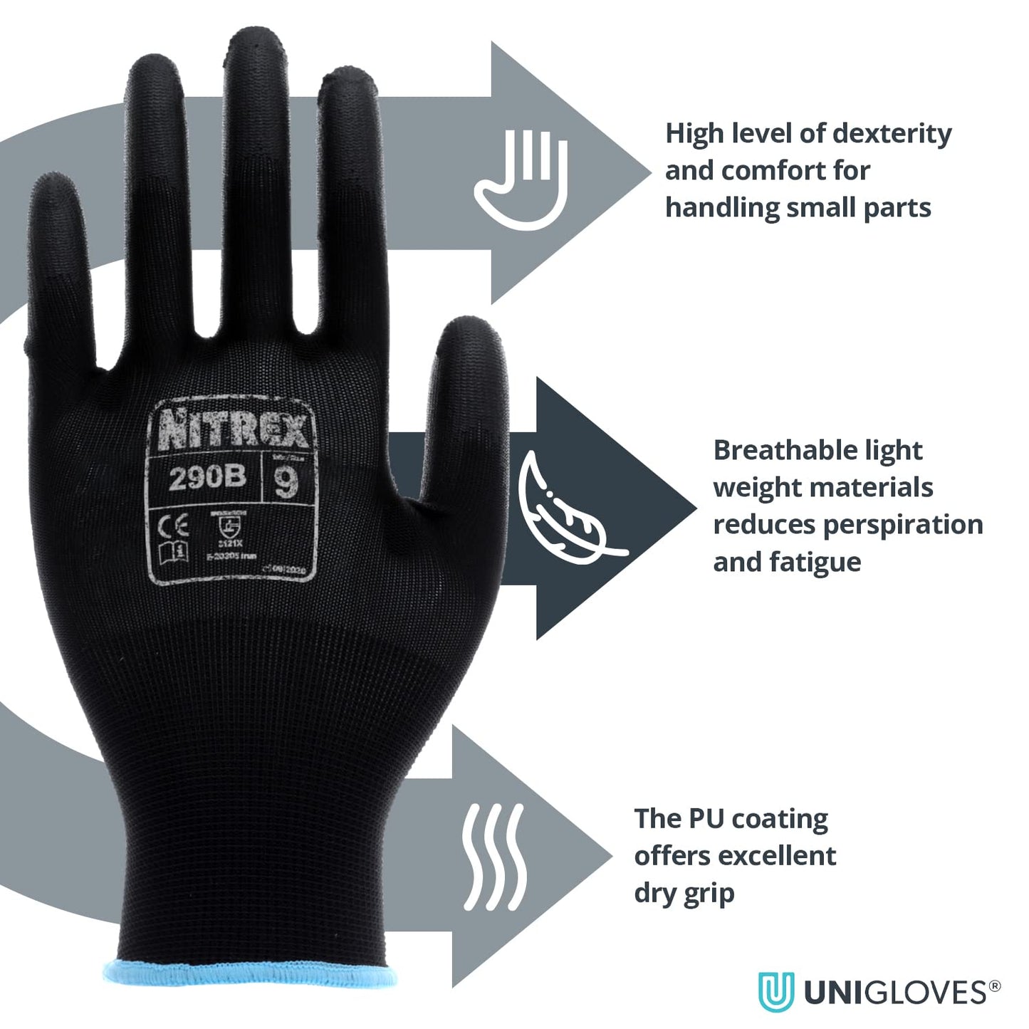 NITREX 290B Work and Safety Gloves, 10 Pairs of Black General Handling Gloves with PU Palm Coating, Size 6, Extra Small