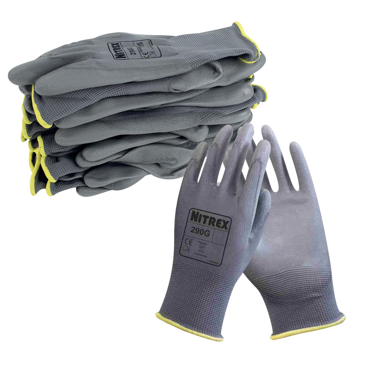NITREX 290G Work and Safety Gloves, 10 Pairs of Black General Handling Gloves with PU Palm Coating, Size 6, Extra Small