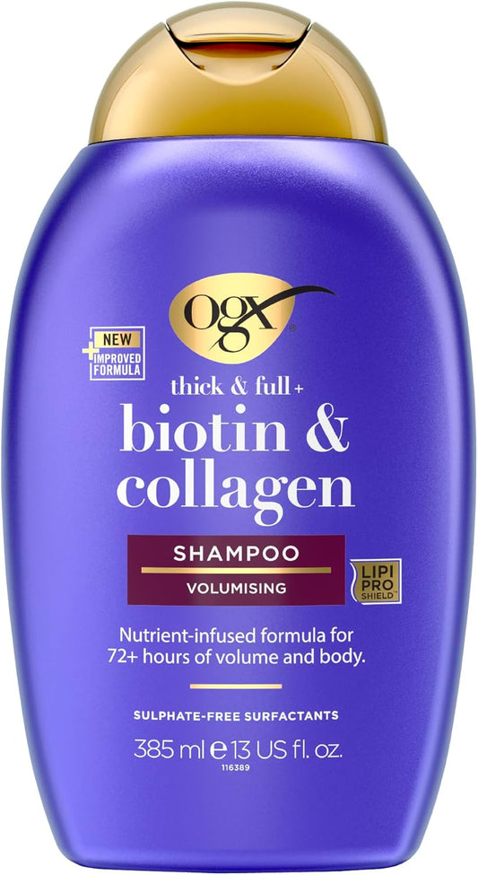 OGX Biotin and Collagen Volumising Hair Shampoo, Thick and Full, with Vitamin B7 Biotin, and Collagen, for Fine Hair, Sulfate Free Surfactants, 385ml