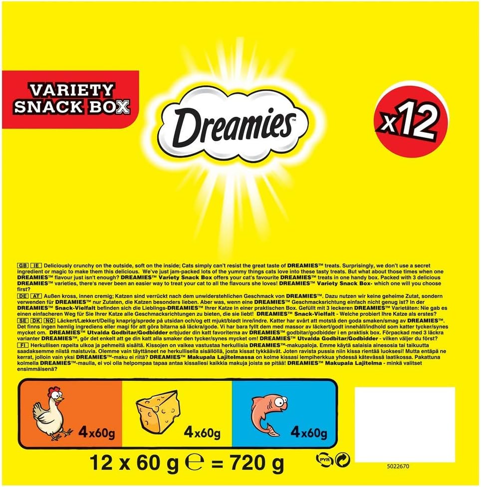 DREAMIES - Cat Treats - 12 x 60g - Multipack Biscuits - Variety Snack Box - 12 Pouches