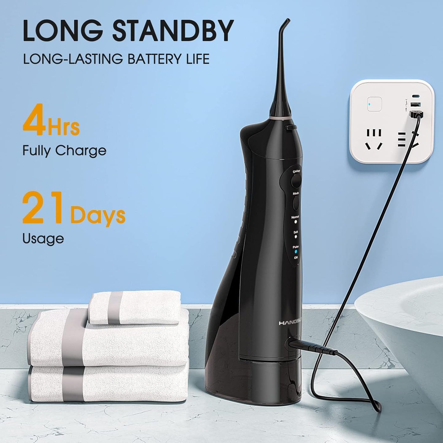 Hangsun Water Flossers for Teeth Cordless Oral Irrigator Dental Water Jet Electric Tooth Flosser with 8 Jet Tips 300ML Water Tank USB Rechargeable for Tavel and Home Use (Black)