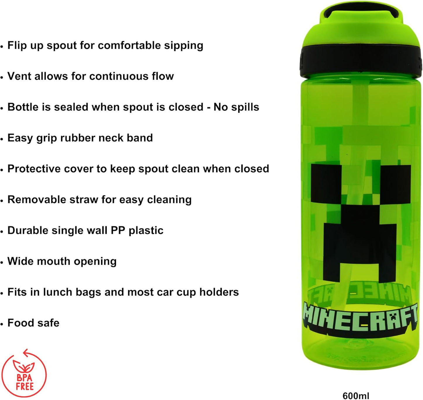 Minecraft Atlantic Creeper Drinks Bottle with Logo | Eco Freindly BPA-free Plastic School Water Bottle with Removable straw, spills Proof | Gift for Minecraft fan | Officially Merch 600ML