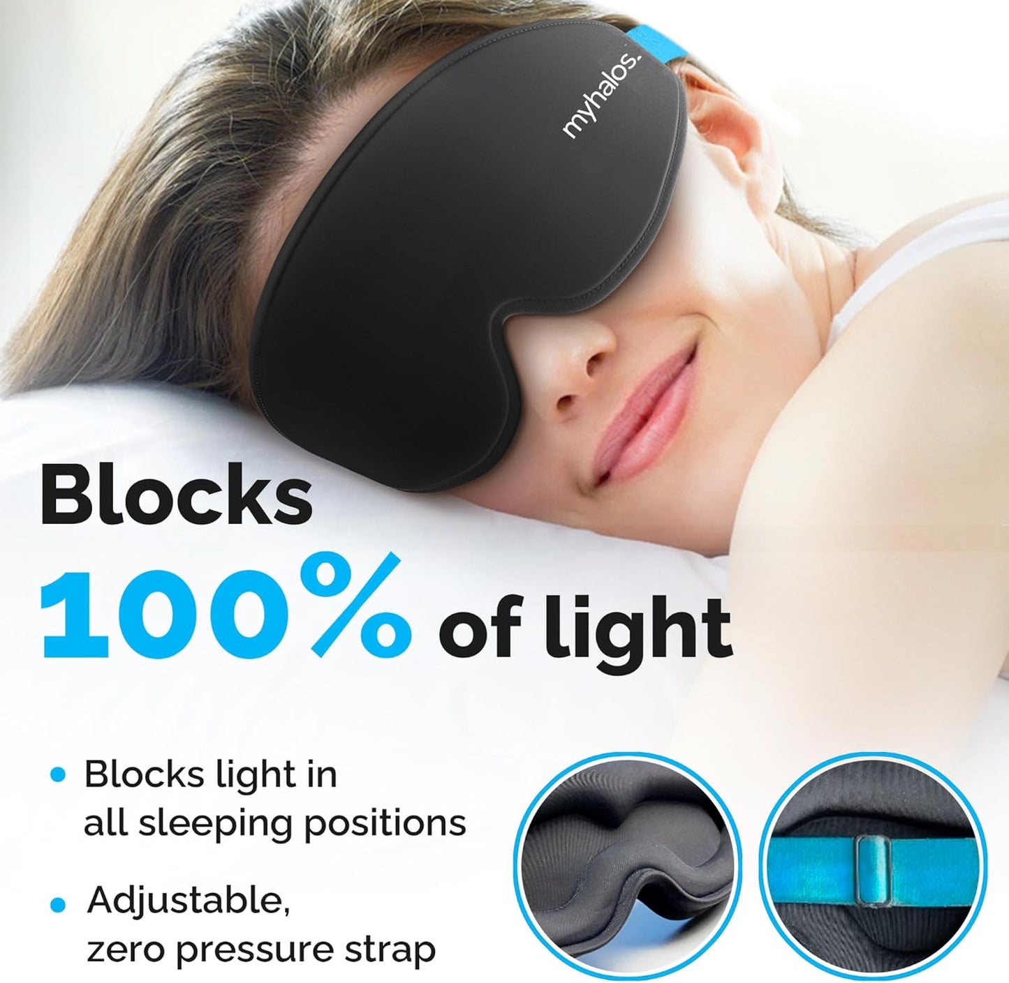 MyHalos 100% Blackout Sleep Masks for Women & Men - Zero Eye Pressure Eye Mask for Sleeping -Our Halo Sleep Mask Includes a Storage Pouch- Black Eye Mask for Travel or Blindfold