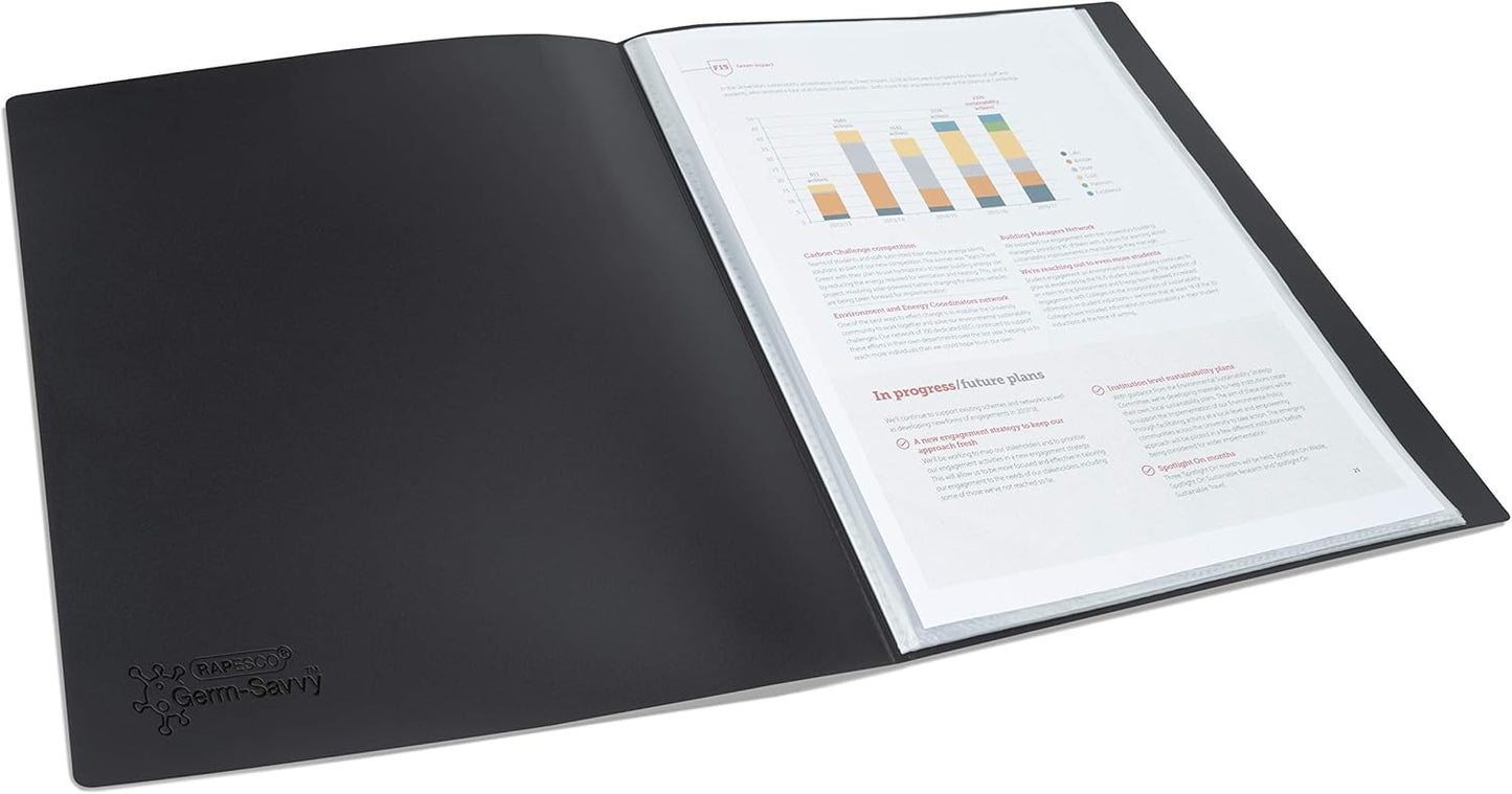 Rapesco 1642 Presentation Folder with Antibacterial Protection, 10 Pockets, A4, Black, Pack of 4