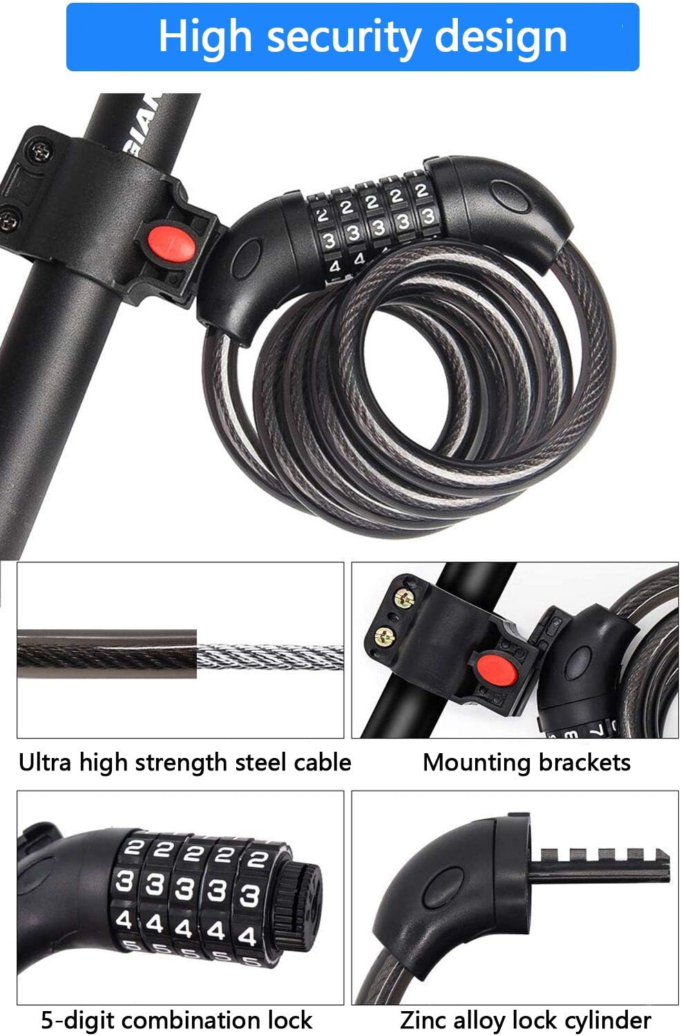 REHKITTZ Bike Lock Bicycle Locker Combination 5 Digit 120cm/12mm Long Cycle Cable Locks Bikes Chain High Security for E-Bike Mountain Bike Outdoor Ski Gate Accessoriess