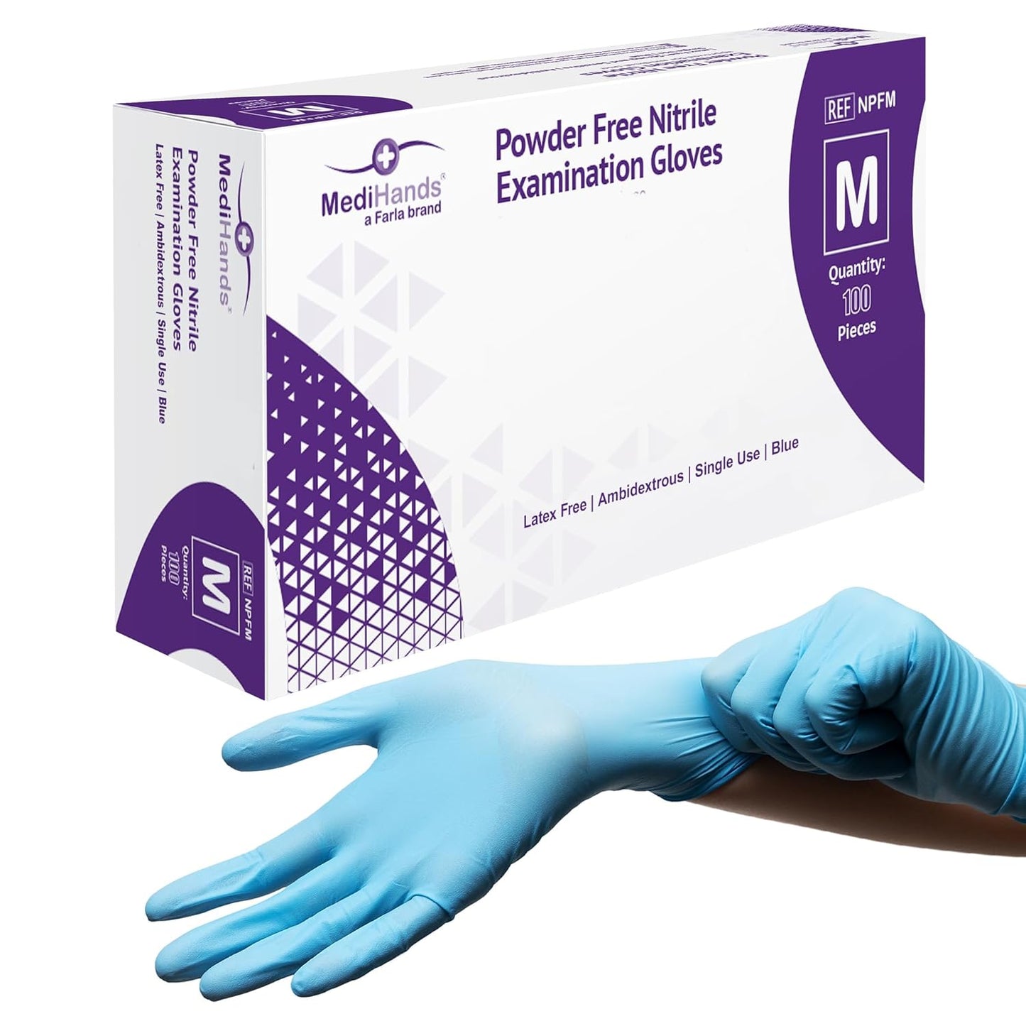 MediHands Nitrile Gloves Medium, Blue Heavy Duty Disposable Gloves, Powder Free, Latex Free, and Protein Free, Medical, Food, Multi Use, Pack of 100