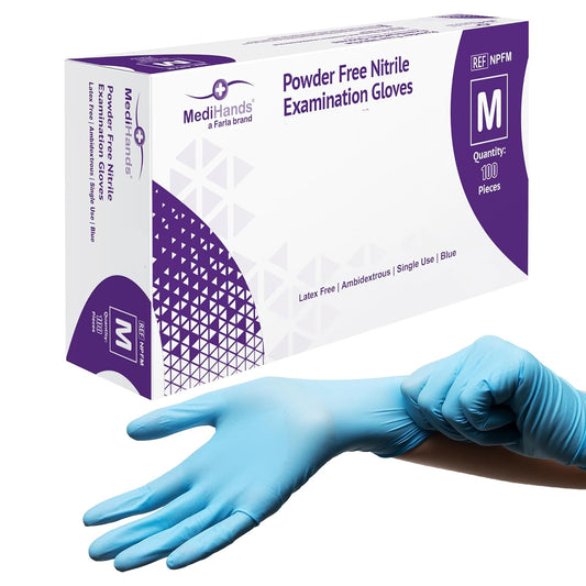 MediHands Nitrile Gloves Medium, Blue Heavy Duty Disposable Gloves, Powder Free, Latex Free, and Protein Free, Medical, Food, Multi Use, Pack of 100