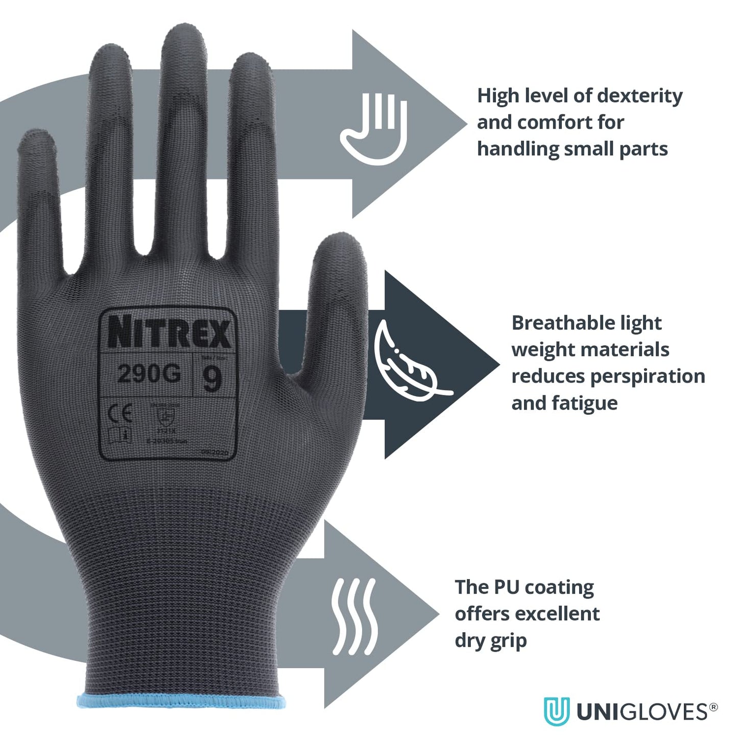 NITREX 290G Work and Safety Gloves, 10 Pairs of Black General Handling Gloves with PU Palm Coating, Size 6, Extra Small