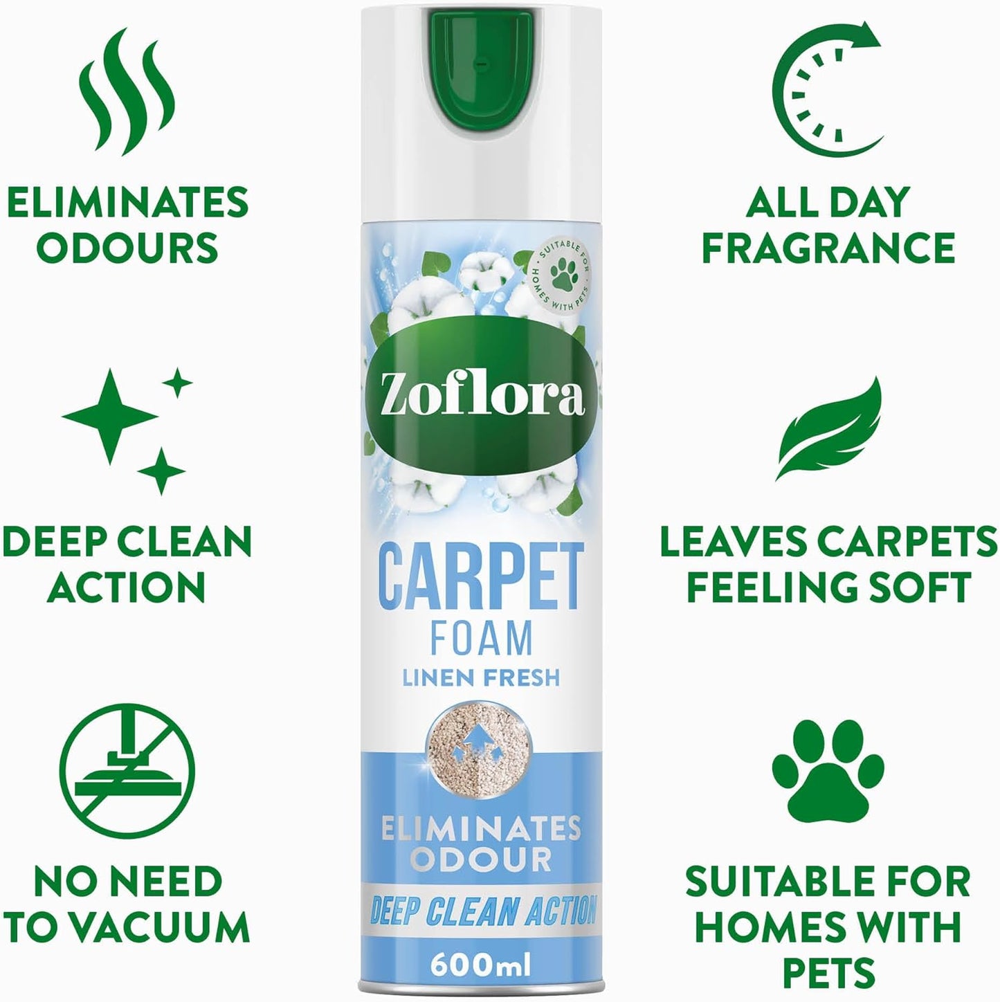 Zoflora Linen Fresh Carpet Freshener & Care Foam, Carpet Cleaner,Stain Remover Foam for Carpets and Upholstery, Neutralises Odours, Deep Cleans, Pet Safe, 1x 600 ml
