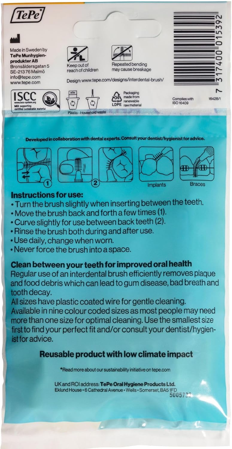 TePe Interdental Brush, Original, Yellow, 0.7mm/ISO 4, 8pcs, efficient Cleaning Between Teeth, Plaque Remover and Dental flosser for Small Gaps