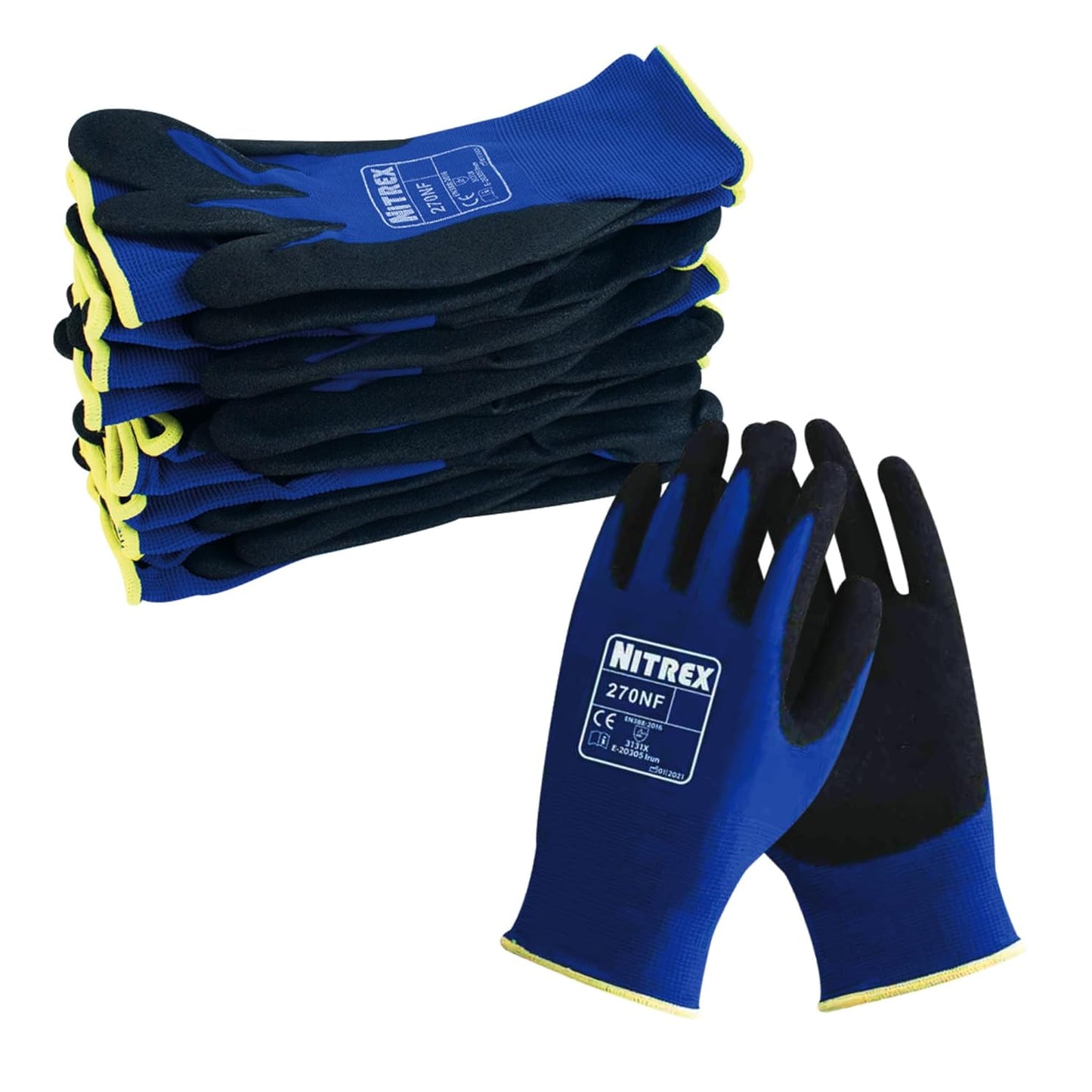NITREX 270NF 10 Pairs of Gardening Gloves, Sandy Nitrile Palm Coating, Abrasion and Tearing Protection, Reduces Hand Fatigue, Blue/Black, Size 6