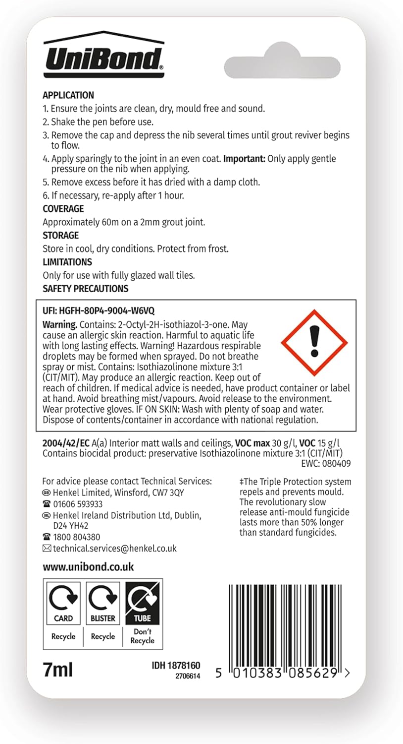 Unibond Grout Reviver Pen, White Grout Pen for Bathroom Grout Joints, Easy to Use Tile Grout Pen, Whitener for Restoring Discoloured & Faded Joints, 1x7ml [Energy Class A]