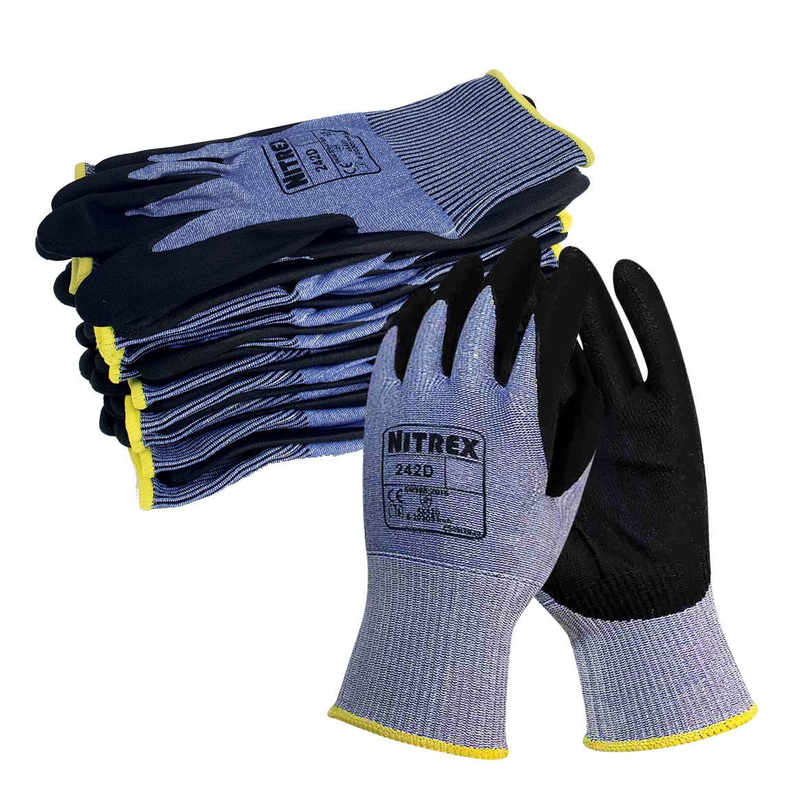 Nitrex 242D Work and Safety Gloves, Bag of 10 Pairs, Size 6 - D Rated Cut Resistant Gloves with PU Nitrile Palm Coating