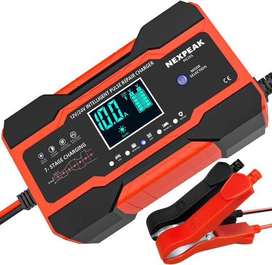 10-Amp Car Battery Charger, 12V and 24V Smart Fully Automatic Battery Charger with Temperature Compensation for Car Truck Motorcycle Marine Lead Acid Batteries