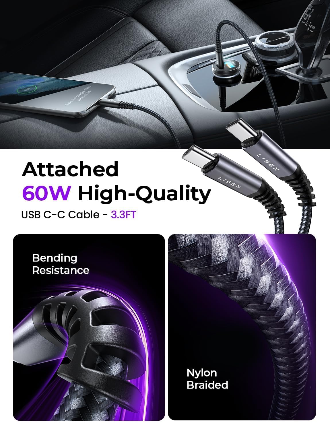 LISEN Car Charger Adapter USB C 54W 12V USB Socket [USBC 36W+USBA 18W] 60W USB C Cable PD3.0 Car Phone Charger Cigarette Lighter USB Charger for iPhone 16 Pro 16e Samsung S25 Ultra Car Accessories