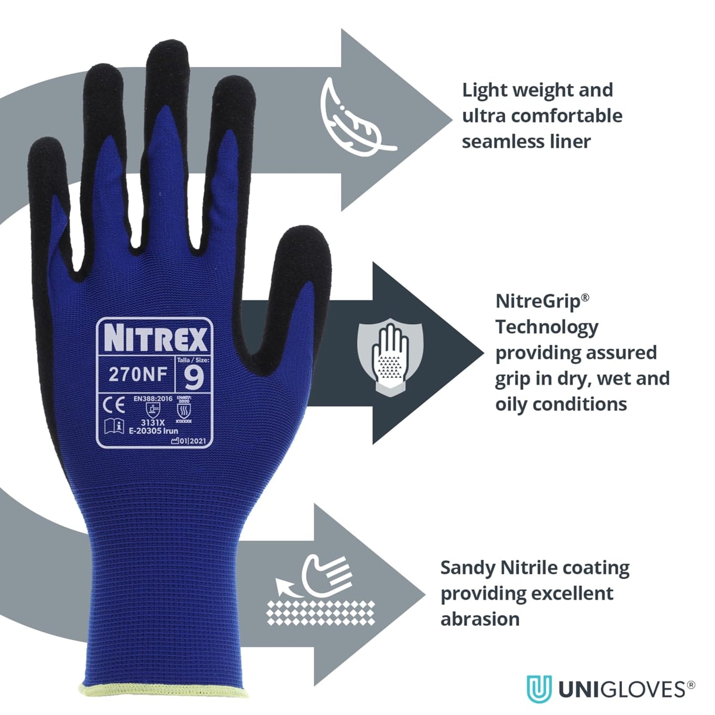 NITREX 270NF 10 Pairs of Gardening Gloves, Sandy Nitrile Palm Coating, Abrasion and Tearing Protection, Reduces Hand Fatigue, Blue/Black, Size 6