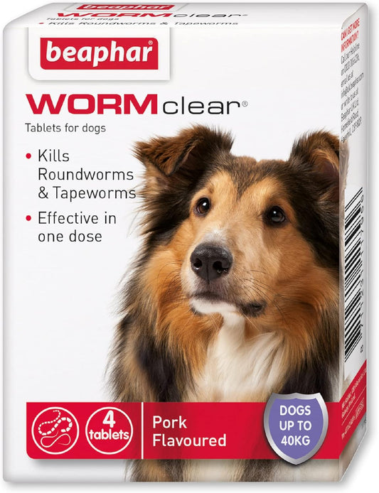 Beaphar | WORMclear® Tablets for Dogs up to 40kg | Kills All Common UK Intestinal Worms (Roundworms & Tapeworms) | Vet Strength Treatment | Pork-flavoured | 4 tablets