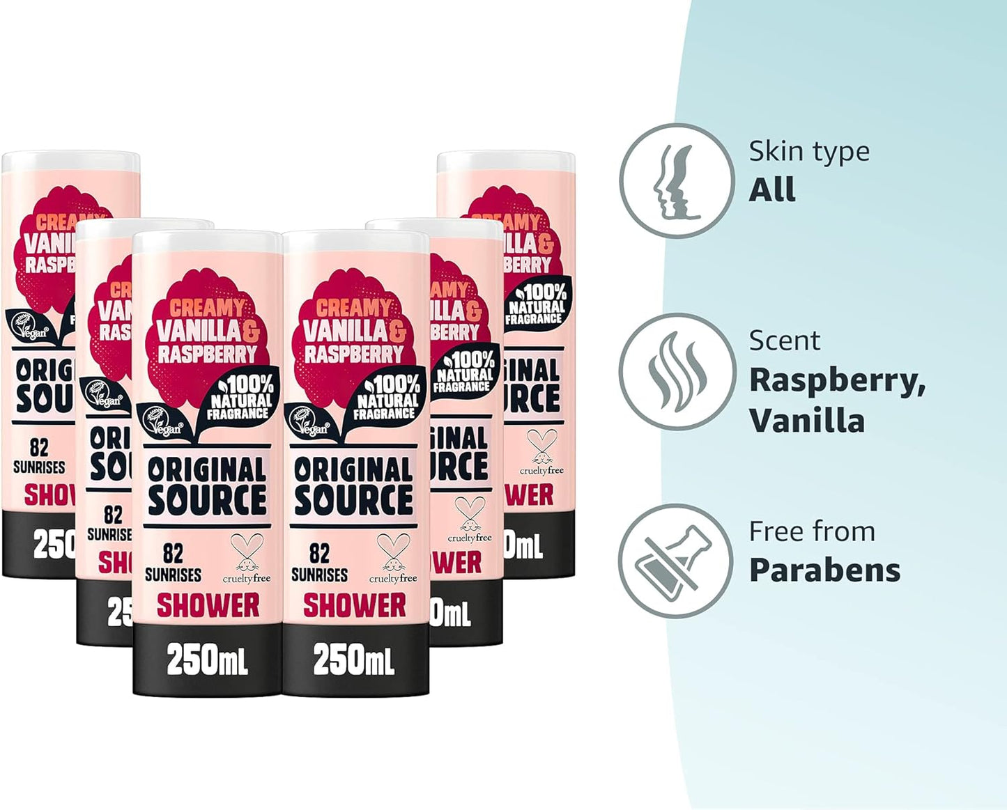 Original Source Vanilla & Raspberry Shower Gel, 100 Percent Natural Fragrance, Vegan, Cruelty Free, Paraben Free, Bulk Buy, Pack of 6 x 250 ml