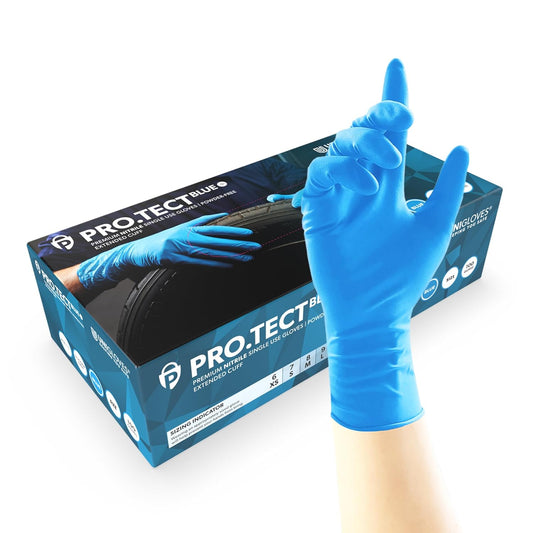 UNIGLOVES PRO.TECT Blue Nitrile Disposable Gloves, Extended Cuff, Nitrile Gloves, Size XL