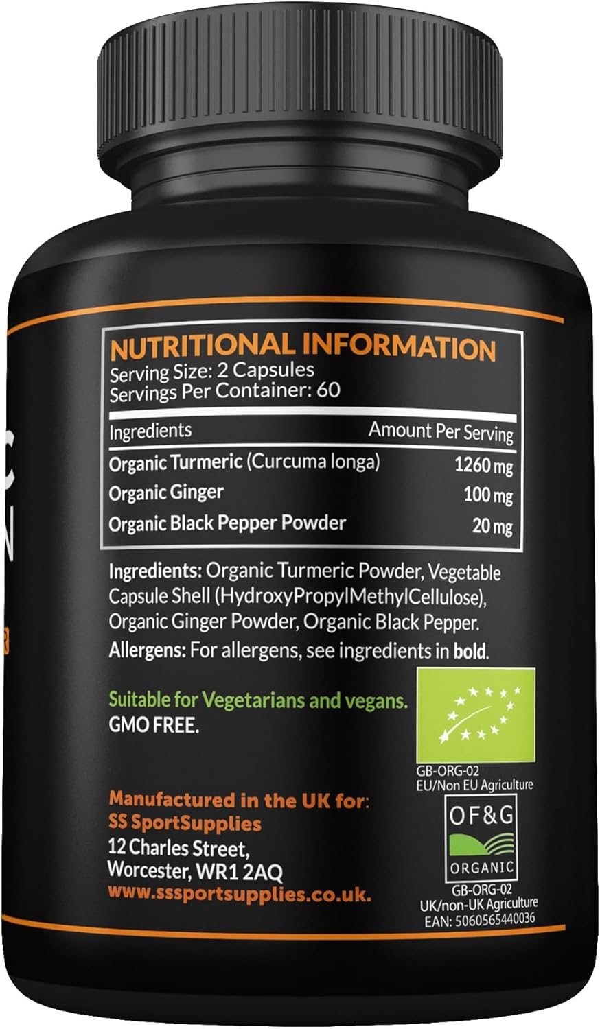 Organic Turmeric Capsules High Strength and Black Pepper with Active Curcumin with Ginger 1380mg - Advanced Tumeric - Each 120 Veg Capsule is Organic (2 Capsules per Serving)