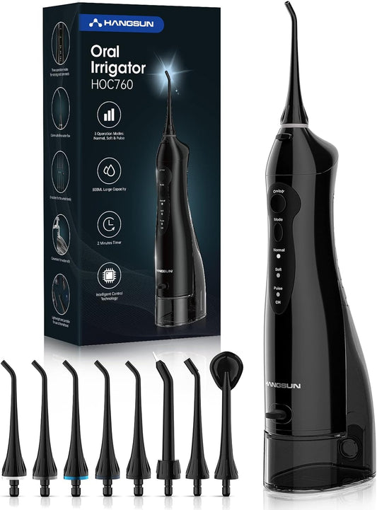 Hangsun Water Flossers for Teeth Cordless Oral Irrigator Dental Water Jet Electric Tooth Flosser with 8 Jet Tips 300ML Water Tank USB Rechargeable for Tavel and Home Use (Black)