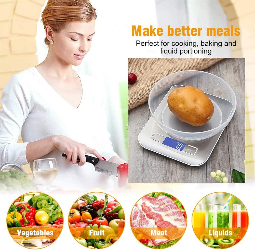 GRIFEMA GA2002 Digital Kitchen Scales, Food Weighing Scales with LCD Display, (1g/5kg) Weight Grams and Oz for Baking and Cooking, Stainless steel (Batteries Included), Blue