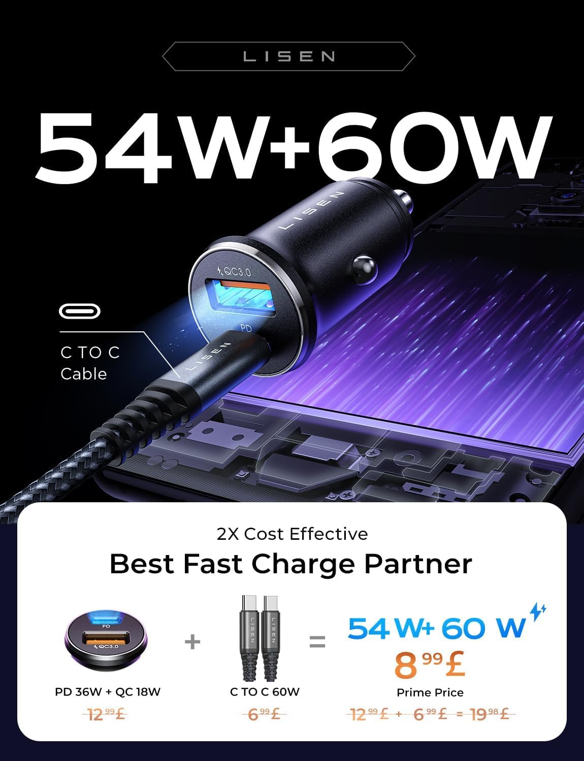 LISEN Car Charger Adapter USB C 54W 12V USB Socket [USBC 36W+USBA 18W] 60W USB C Cable PD3.0 Car Phone Charger Cigarette Lighter USB Charger for iPhone 16 Pro 16e Samsung S25 Ultra Car Accessories