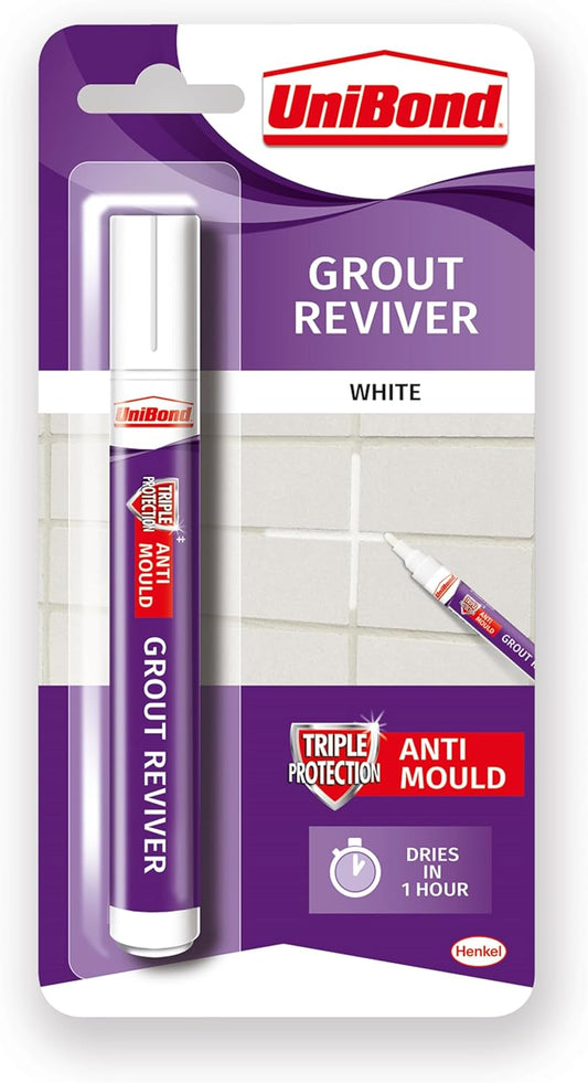 Unibond Grout Reviver Pen, White Grout Pen for Bathroom Grout Joints, Easy to Use Tile Grout Pen, Whitener for Restoring Discoloured & Faded Joints, 1x7ml [Energy Class A]