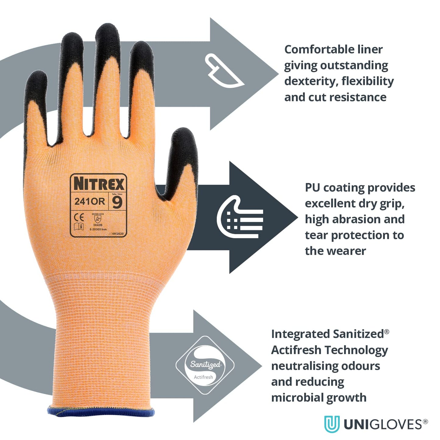 Nitrex 241OR Work and Safety Gloves, Bag of 10 Pairs, Size 7 - B Rated Cut Resistant Work Gloves, PU Palm Coating, Orange Nylon Liner
