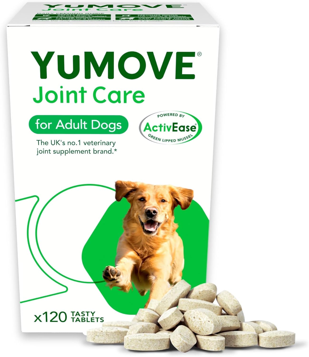 YuMOVE Joint Supplement for Dogs, Essential Dog Hip and Joint Aid for Stiff Adult Dogs with Glucosamine, Chondroitin, Green Lipped Mussel, Aged 6 to 8, 120 Tablets