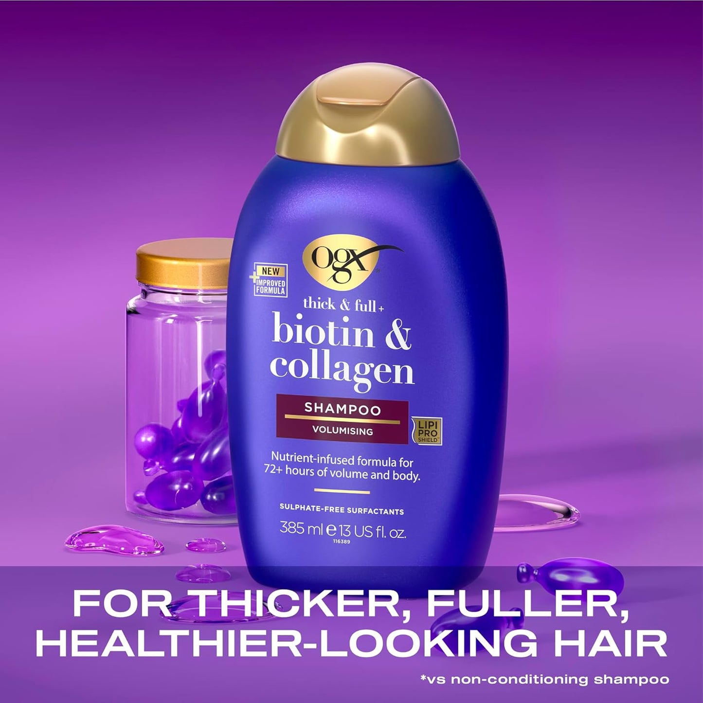 OGX Biotin and Collagen Volumising Hair Shampoo, Thick and Full, with Vitamin B7 Biotin, and Collagen, for Fine Hair, Sulfate Free Surfactants, 385ml