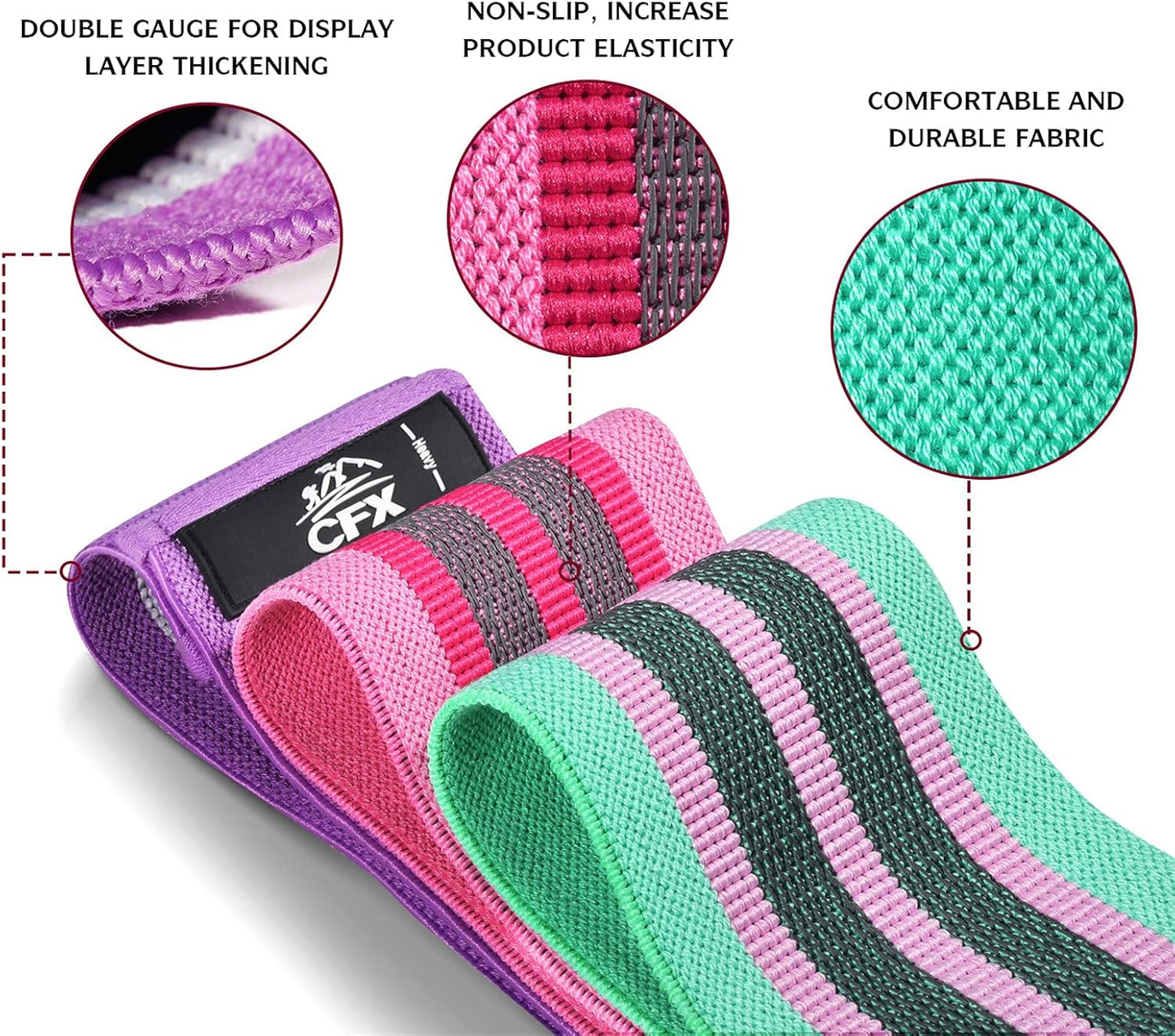 CFX Resistance Bands Set, Exercise Bands with Non-Slip Design for HIPS & Glutes, 3 Levels Workout Bands for Women and Men, Booty Bands for Home Fitness, Yoga, Pilates