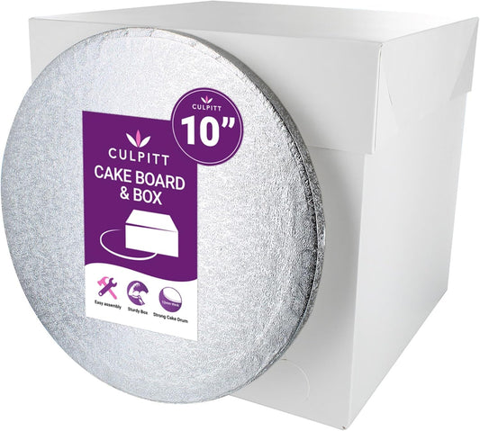 Culpitt 10" Round Silver Cake-Board & Tall White Cake-Box Combo, 10 x 10 x 10 Inch Square Box and Matching Circle Set For Tiered or Decorated Transport