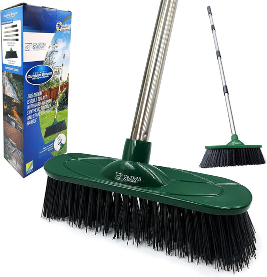 Yard Broom Outdoor Heavy Duty, 10” Synthetic Hard Bristle Brush Head and 4-Sections Stainless Steel Handle, Stiff Sweeping Broom for Cleaning Gardens, Yards, and Driveways