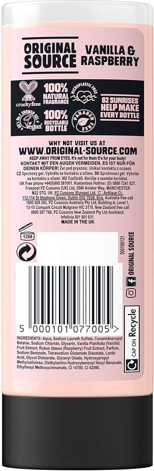 Original Source Vanilla & Raspberry Shower Gel, 100 Percent Natural Fragrance, Vegan, Cruelty Free, Paraben Free, Bulk Buy, Pack of 6 x 250 ml