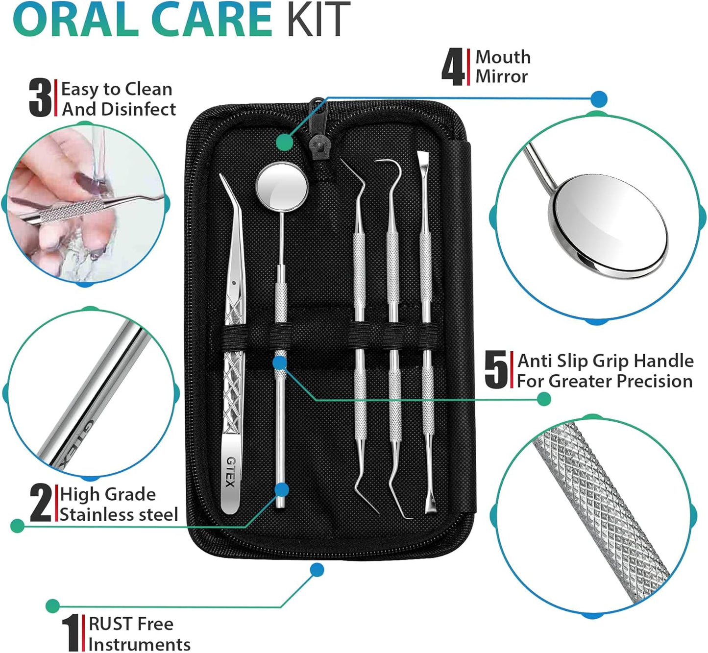 GTEX Plaque Remover for Teeth, 5PC Dental Tools Kit for Teeth Cleaning Plaque Removal, Tartar Remover for Teeth Dental Plaque Removal Tool Dental Mirror Teeth Cleaning Kit for Home Use