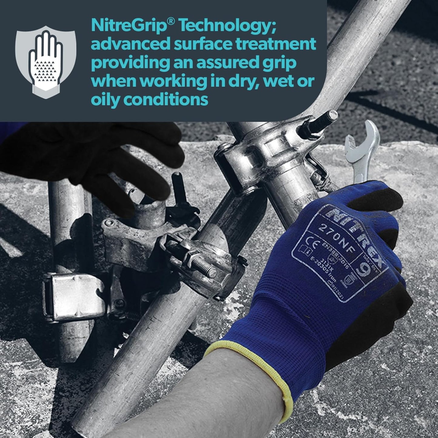 NITREX 270NF 10 Pairs of Gardening Gloves, Sandy Nitrile Palm Coating, Abrasion and Tearing Protection, Reduces Hand Fatigue, Blue/Black, Size 6