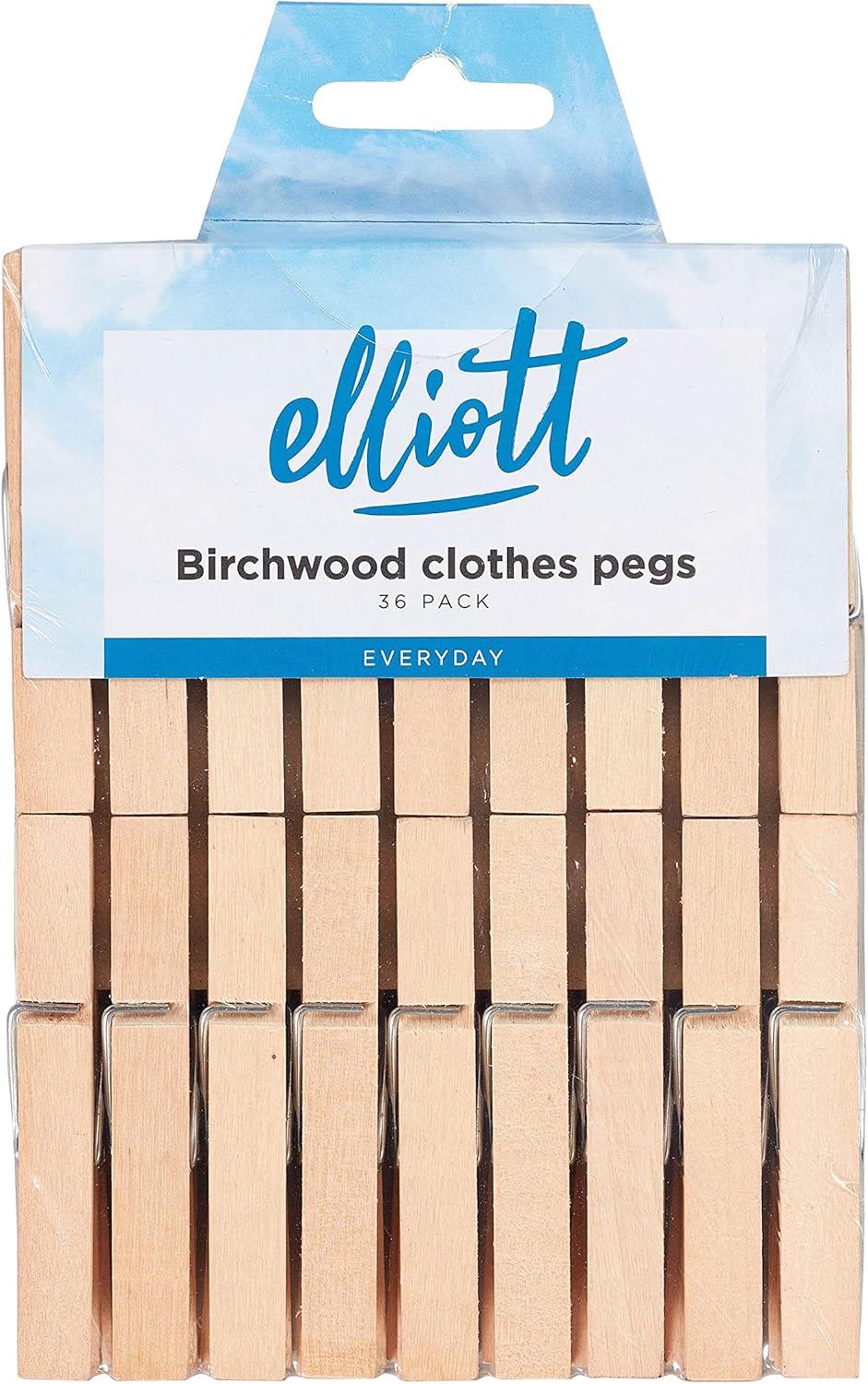 Elliott Hardwood Clothes Pegs with Metal Coil Spring for Firm Grip, Contoured to Prevent Leaving Marks on Clothing, This Pack Include 36 Pegs Ideal for Outdoor and Indoor Use